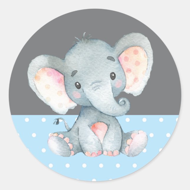 Sticker Rond Baby shower éléphant garçon bleu et gris (Devant)