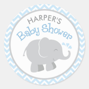 Sticker Rond Baby Shower Eléphant Gris Chevron Bleu