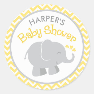 Sticker Rond Baby-Shower éléphant gris chevron jaune