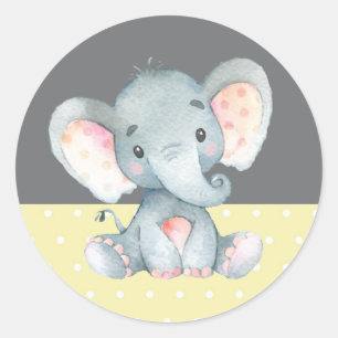 Sticker Rond Baby shower éléphant Jaune et gris