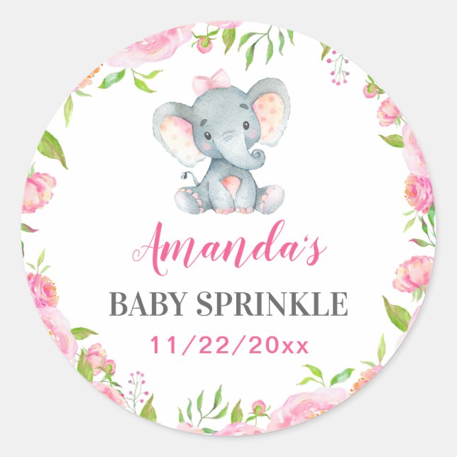 Sticker Rond Baby shower Eléphant Petit Arachide Fille Sprinké (Devant)