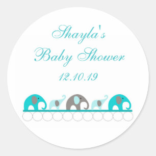 Sticker Rond Baby shower Eléphant Turquoise et Grey Favoriser
