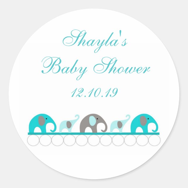 Sticker Rond Baby shower Eléphant Turquoise et Grey Favoriser (Devant)