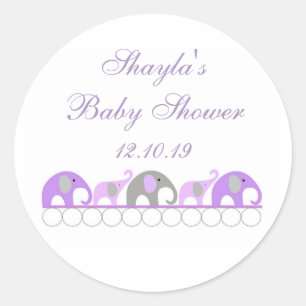 Sticker Rond Baby shower Eléphant violet et gris Favoriser