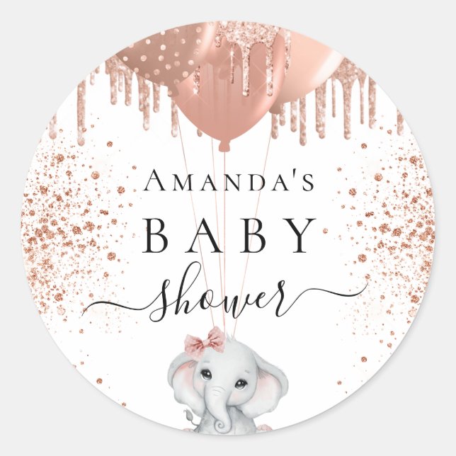 Sticker Rond Baby shower éléphante fille rose parties scintilla (Devant)