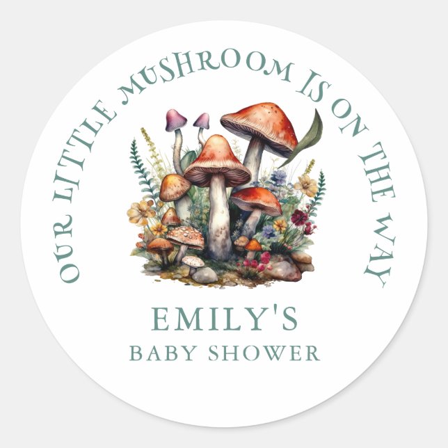 Sticker Rond Baby shower en bois des champignons Whimsical ench (Devant)