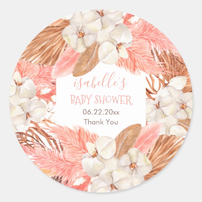 Sticker Rond Baby shower en fleurs d'orchidées en laiton rose B (Devant)