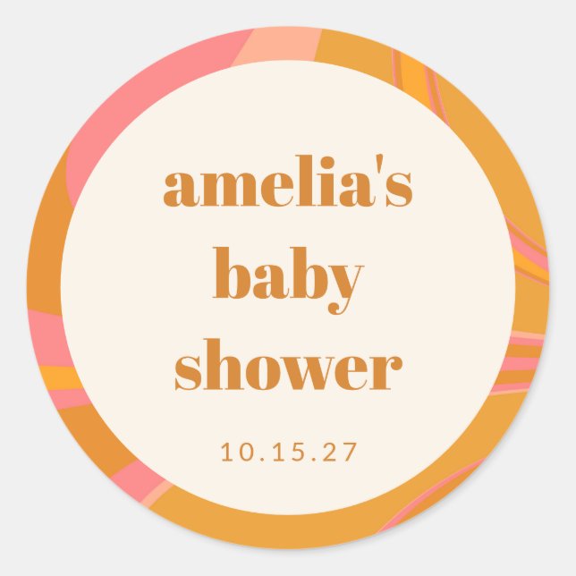 Sticker Rond Baby shower en marbre rose jaune personnalisé (Devant)