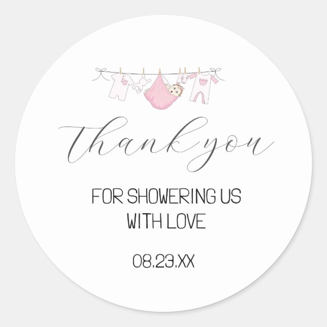 Sticker Rond Baby shower en Merci rose mou Favoriser (Devant)