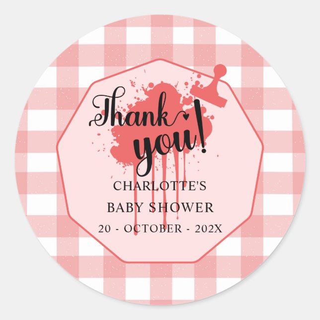 Sticker Rond Baby shower En vichy Rouge mignet Pastel (Devant)