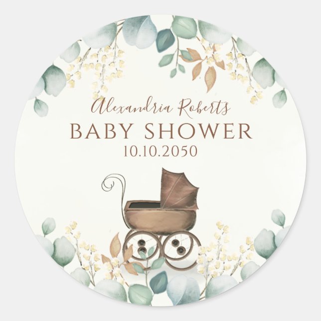 Sticker Rond Baby shower Eucalyptus Feuille Aquarelle botanique (Devant)