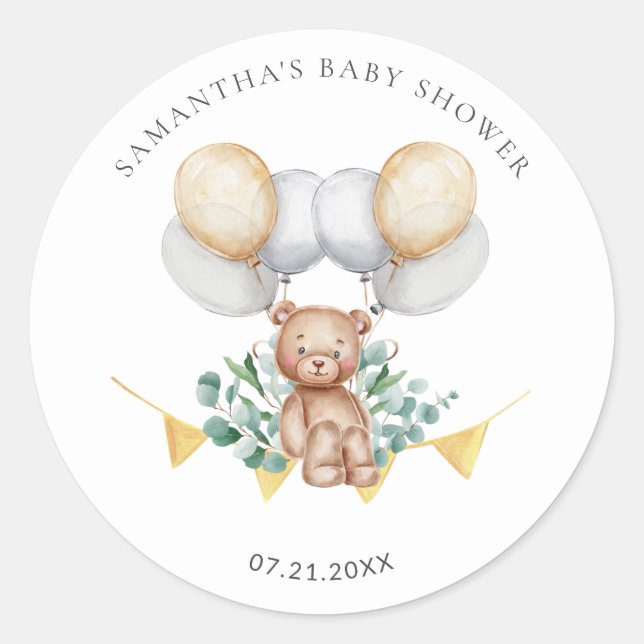 Sticker Rond Baby Shower Eucalyptus Ours et Ballons (Devant)