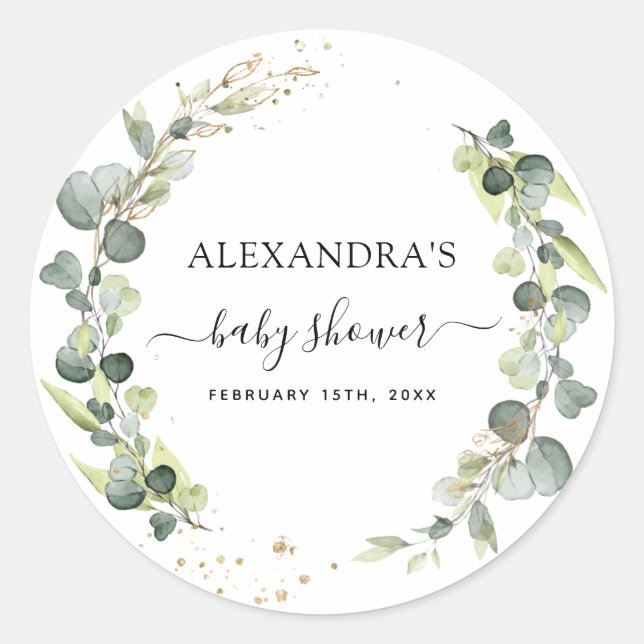 Sticker Rond Baby Shower Eucalyptus Végétal Bohème Rustique (Devant)
