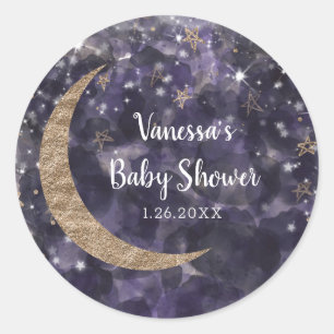 Sticker Rond Baby Shower Fantaisiste Étoiles Lune Or Violet