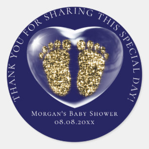 Sticker Rond Baby shower Favoriser Bubble Coeur Or Pieds Bleu