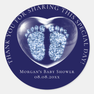 Sticker Rond Baby shower Favoriser Bubble Coeur Pieds Bleu Mari