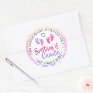 Sticker Rond Baby shower Favoriser Tags Pastel Rainbow Girl Twi