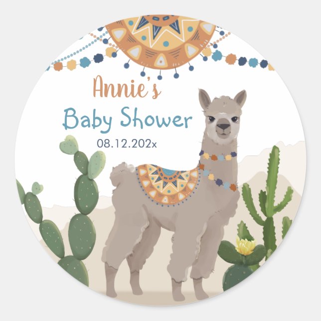 Sticker Rond Baby shower Fiesta Cactus Llama (Devant)