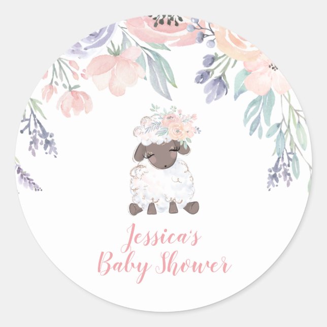 Sticker Rond Baby shower Fille agneau rose violet (Devant)