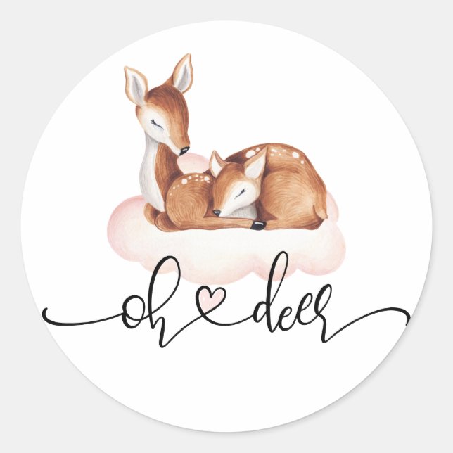 Sticker Rond Baby shower fille aquarelle Oh cerf nuage rose (Devant)