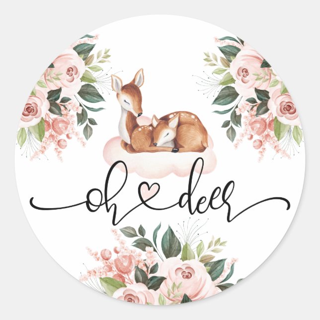 Sticker Rond Baby shower fille aquarelle Oh cerf rose floral (Devant)