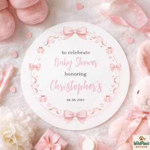 Sticker Rond Baby Shower Fille avec Nœud Rose - Une Fête Mignon