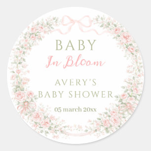 Sticker Rond Baby-Shower Fille Bébé en Fleur avec un Nœud Flora