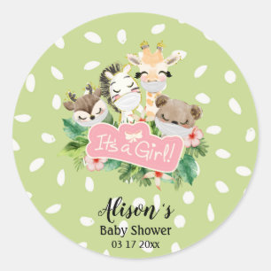 Sticker Rond Baby shower fille   Cute Gold Safari animaux amis