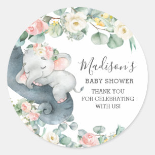 Sticker Rond Baby shower Fille Eléphant Rose Floral Anniversai