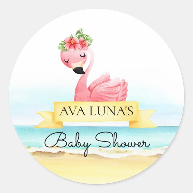 Sticker Rond Baby shower fille Flamant rose rose (Devant)