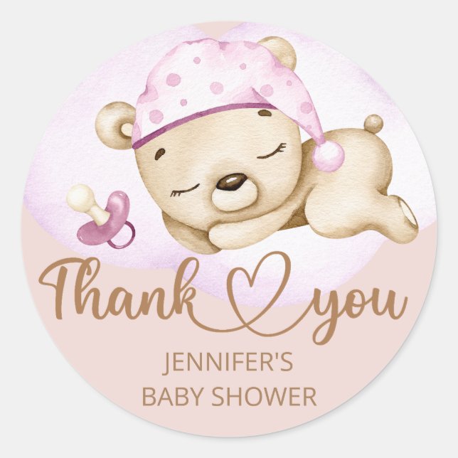 Sticker Rond Baby shower fille ours en peluche (Devant)