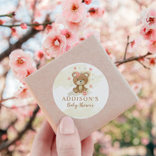 Sticker Rond Baby shower fille ours en peluche