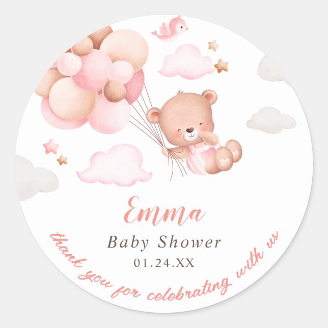 Sticker Rond Baby shower fille ours en peluche (Devant)