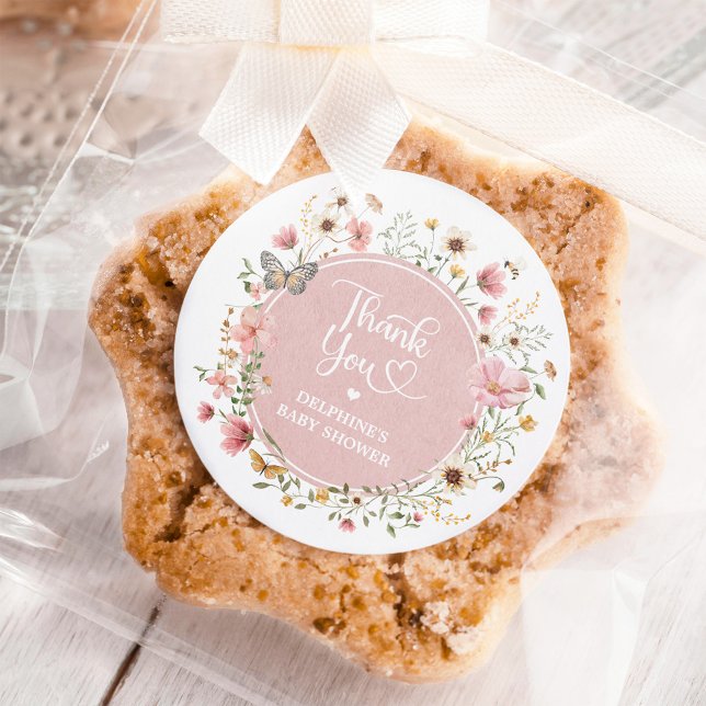 Sticker Rond Baby Shower Fille Papillon Fleur Sauvage Rose Pous (Créateur téléchargé)