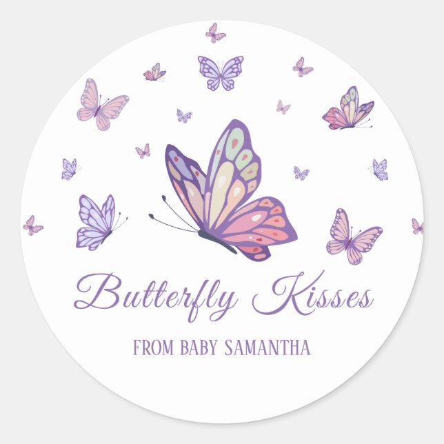 Sticker Rond Baby shower fille papillon violet (Devant)