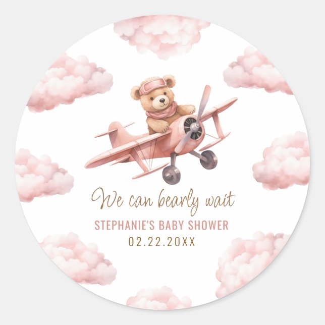 Sticker Rond Baby shower fille rose de l'avion mignonne ours (Devant)
