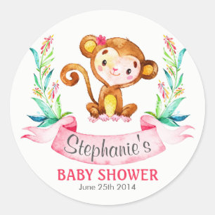 Sticker Rond Baby shower fille singe aquarelle