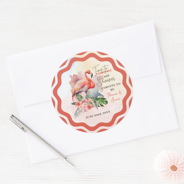 Sticker Rond Baby shower Flamant rose (Enveloppe)