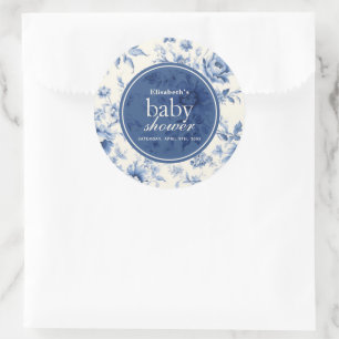 Sticker Rond Baby Shower Fleur Bleu Toile de Jouy