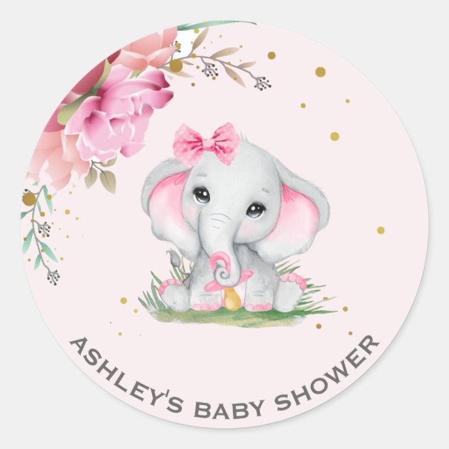 Sticker Rond Baby Shower Fleur Rose Éléphant Mignon (Devant)