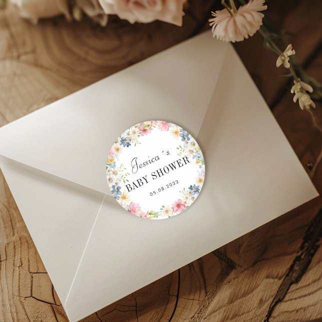 Sticker Rond Baby shower fleur sauvage (Personalized Wildflower Baby Shower Classic Round Sticker with your name and date.)