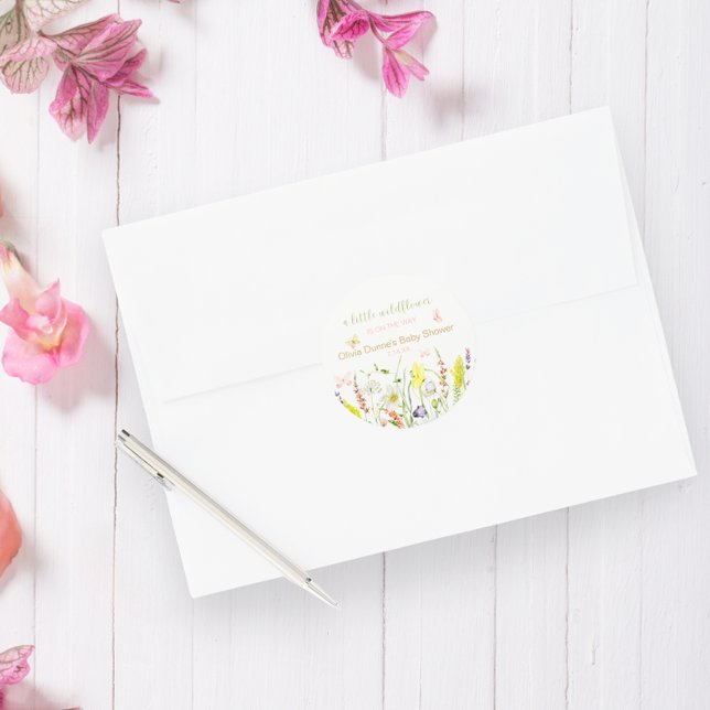 Sticker Rond Baby shower fleur sauvage d'aquarelle papillon (Créateur téléchargé)