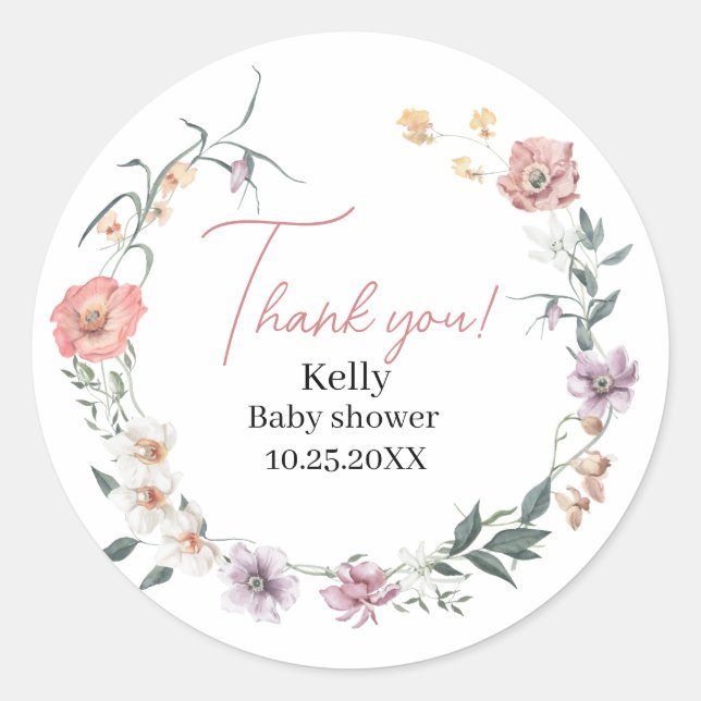 Sticker Rond Baby shower fleur sauvage de printemps merci (Devant)
