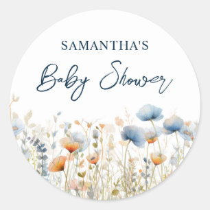 Sticker Rond Baby shower Fleur sauvage Dusty Blue Watercolor