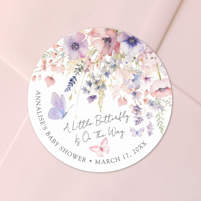 Sticker Rond Baby shower Fleur sauvage papillon (Butterfly Wildflower Baby Shower Classic Round Sticker)