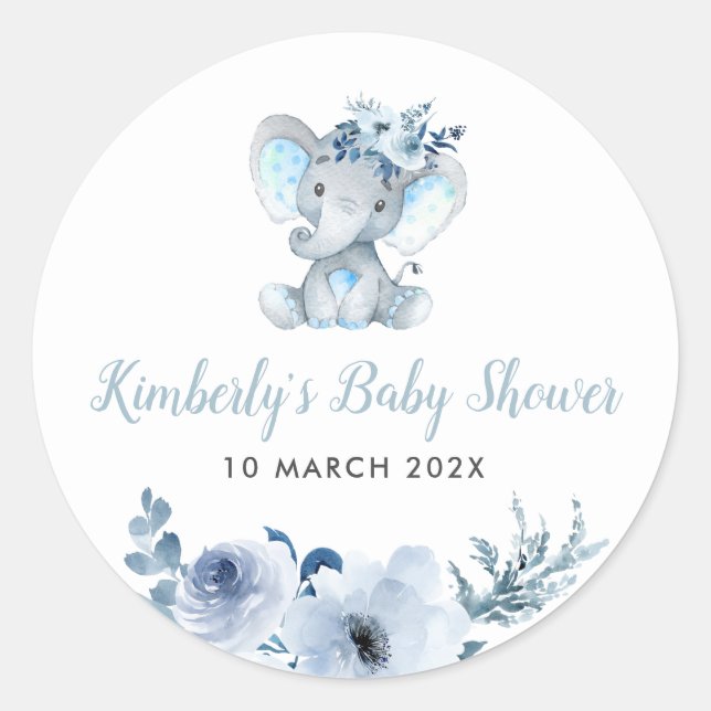 Sticker Rond Baby shower fleuri bleu petit éléphant (Devant)