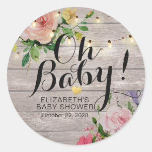 Sticker Rond Baby shower Fleurs Chic Fleurs Bois Rustique Lumiè