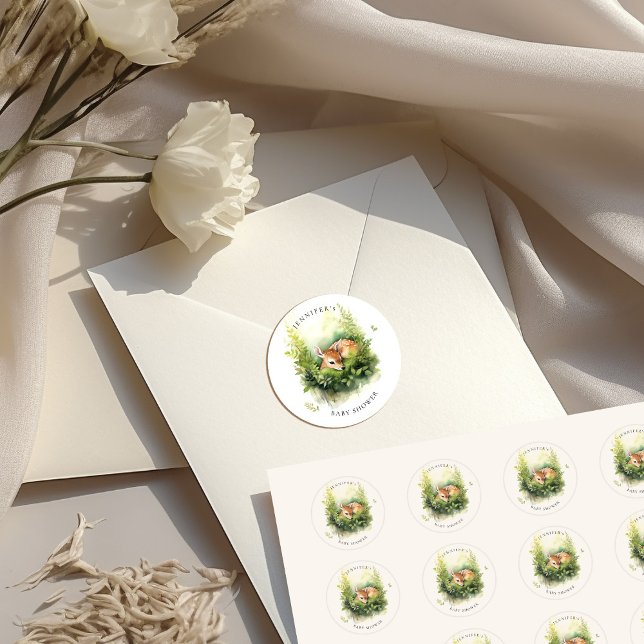 Sticker Rond Baby Shower Fleurs Endormis Cerf Aquarelle (Créateur téléchargé)