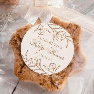 Sticker Rond Baby Shower Fleurs Esquissées Amande et Cuivre