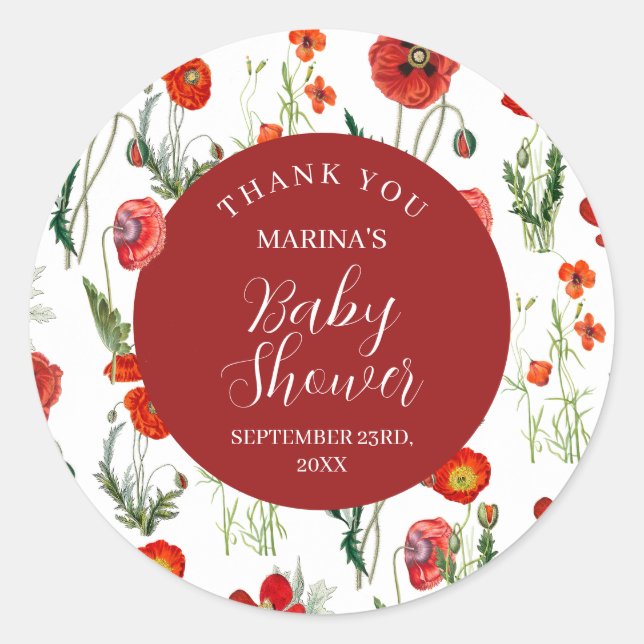 Sticker Rond Baby shower Floral aux Poppies d'Aquarelle Rouge (Devant)